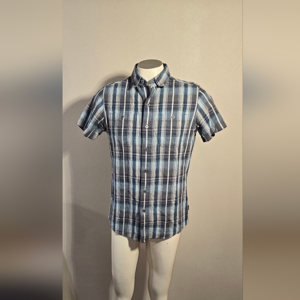 Kuhl Button Up Shirt Blue Plaid Linen Tapered Fit Pockets Outdoor Hiking